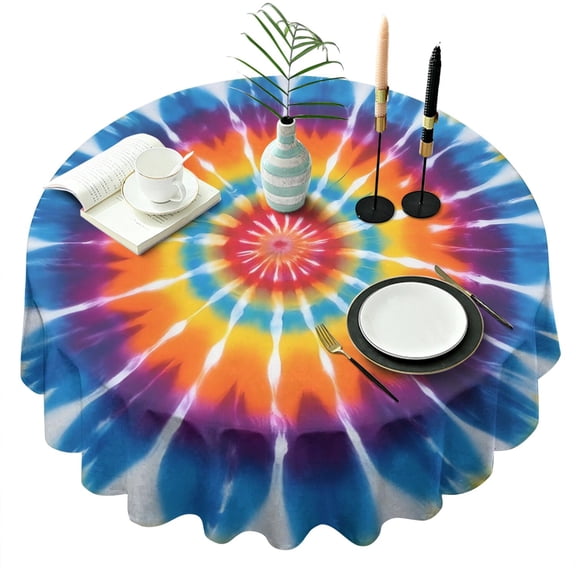 Rainbow Tie Dye Sunburst Round Tablecloth 60"x60",Wrinkle Wipeable Table Cloth for Kitchen Dining Room Picnic Patio Party