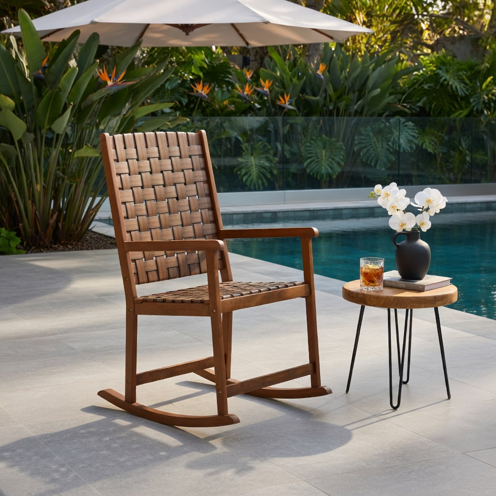 Hommoo Rubber Wood Patio Rocking Chair with PU Leather Seat, Indoor & Outdoor Balcony, Backyard, Living Room Rocker, Sturdy, Easy Assembly, Brown