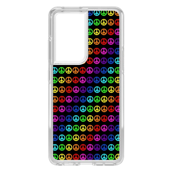 DistinctInk Clear Shockproof Hybrid Case for Galaxy S21 ULTRA 5G (6.8" Screen) - TPU Bumper, Acrylic Back, Tempered Glass Screen Protector - Black Rainbow Peace Signs