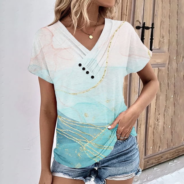 Fiudx Ofertas y Liquidaciones Top/Camisa de Manga Corta con Cuello En V Plisado Estampado de Verano para Mujer