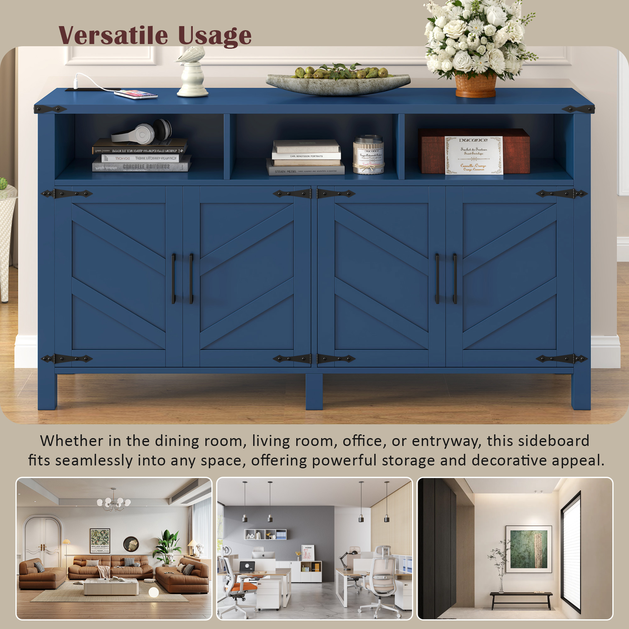 Euroco 59" Large Sideboard Buffet Cabinet with Storage, Wood Coffee Bar Station with Charging Station,Adjustable Shelves and Open Storage Shef for Living Room,Dining Room,Navy Blue