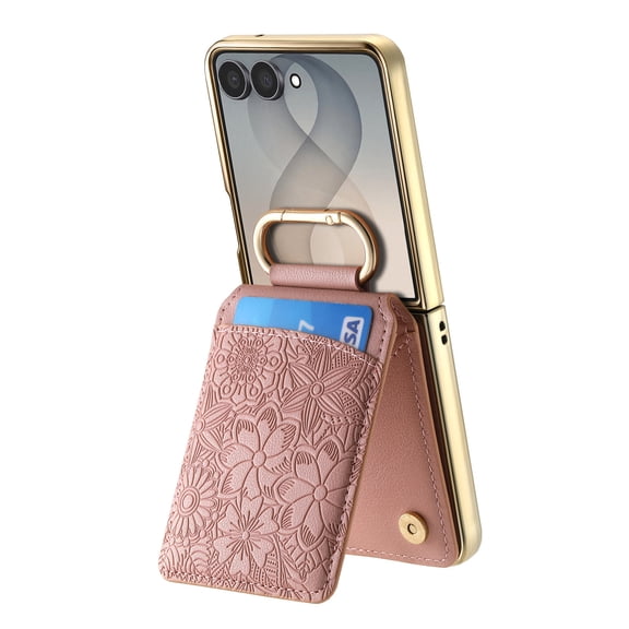 Pocter Case for Samsung Galaxy Z Flip 8, Wallet Case with 3 Card Slots, Ring Hook, Magnetic Closure, Kickstand and Floral PU Leather Protective Cover, Pink