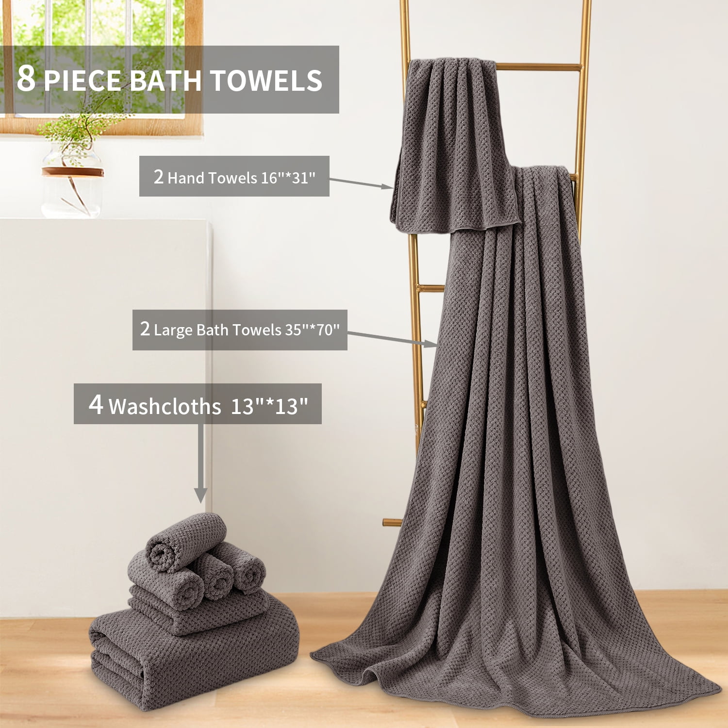 Green Essen Extra Large Bath Towel Sets of 8, 2 Bath Towels Oversized, 2 Hand Towels, 4 Washcloths, Soft Microfiber, Quick Dry, Highly Absorbent Bath Towels for Bathroom Kitchen Spa Hotel(Brown)