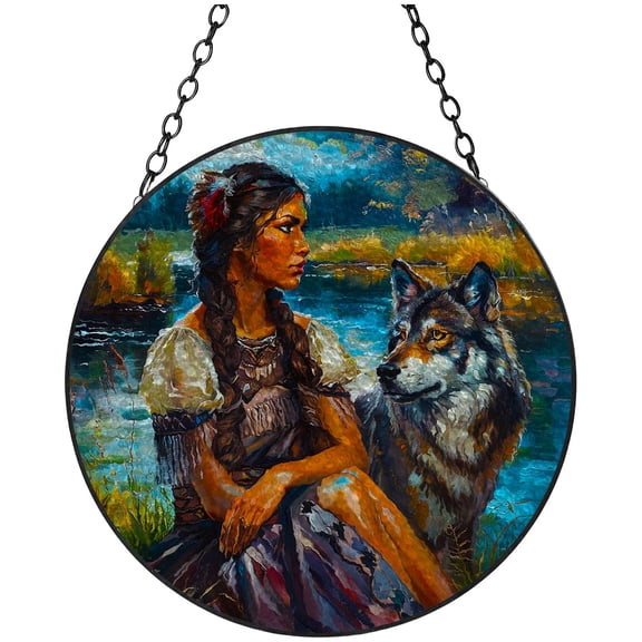 American Native Indian Woman and Wolf Stained Glass Suncatcher Handmade Window Hanging Colored Glass Suncatcher Crafts Kits for Indoor Garden Decor Memorial Gift 16x16cm(3)