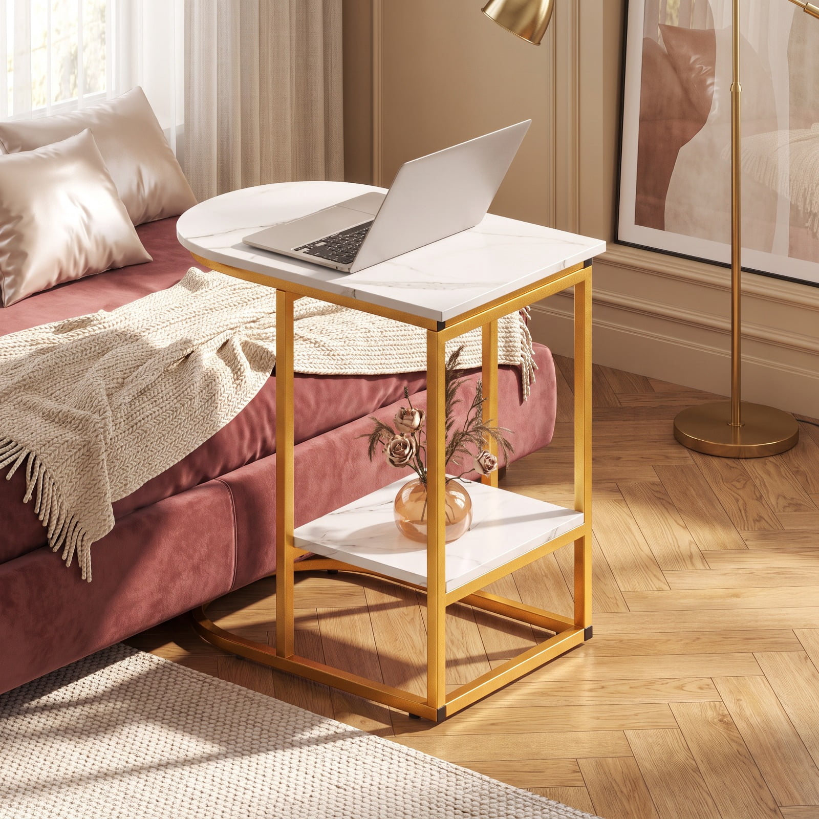 Furnibear C Shaped Modern Sofa Side Table with Faux Marble Tabletop and Two Tier Storage Shelf for Living Room Bedroom and Lounge, White