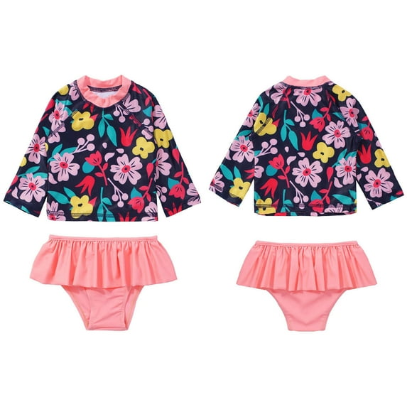 DPOIS Toddler Girls 2Pcs Swimsuit Printed Long Sleeve Shirt Ruffled Briefs Bikini Swimwear