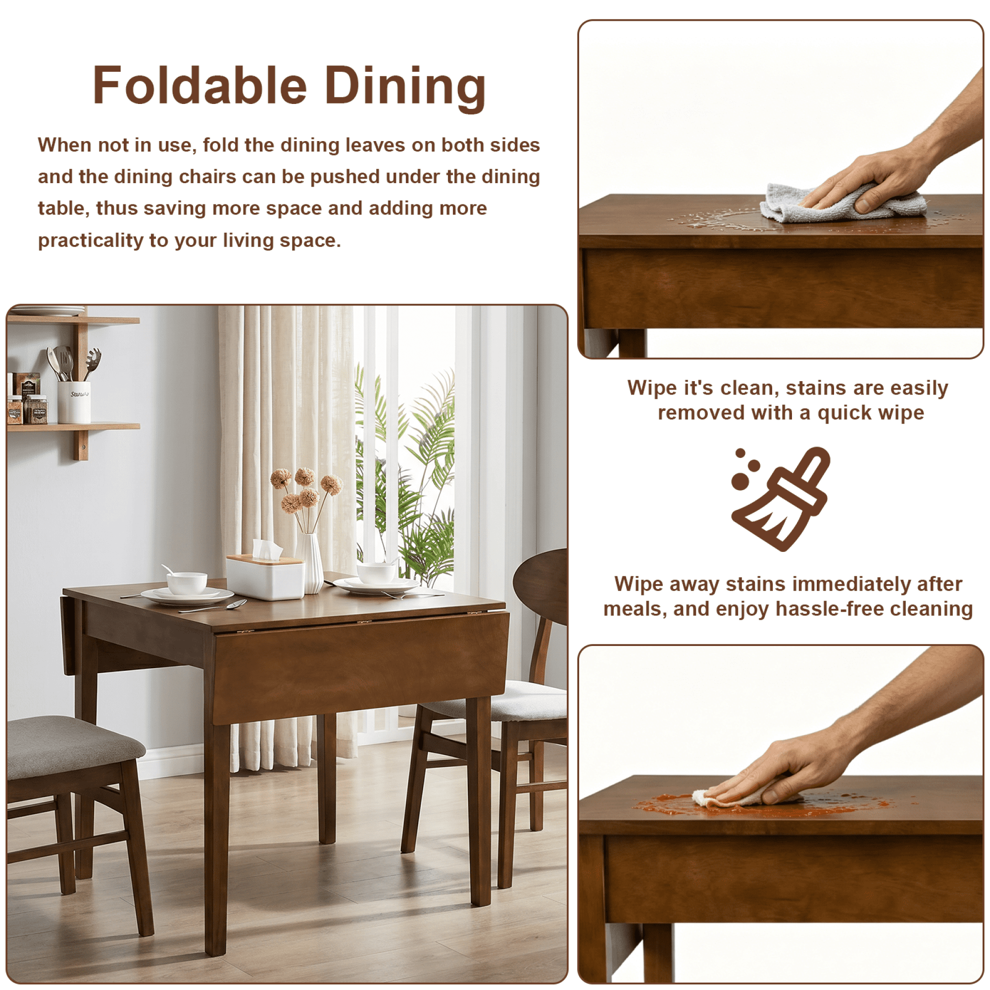 Leumius Extendable Dining Table,Folding Kitchen Table Rectangular Drop Leaf Table for 4,Folding Dining Table for Small Spaces,Seats 2-6 People,45.19'' L x 31.49'' W x 30.29'' H,Walnut