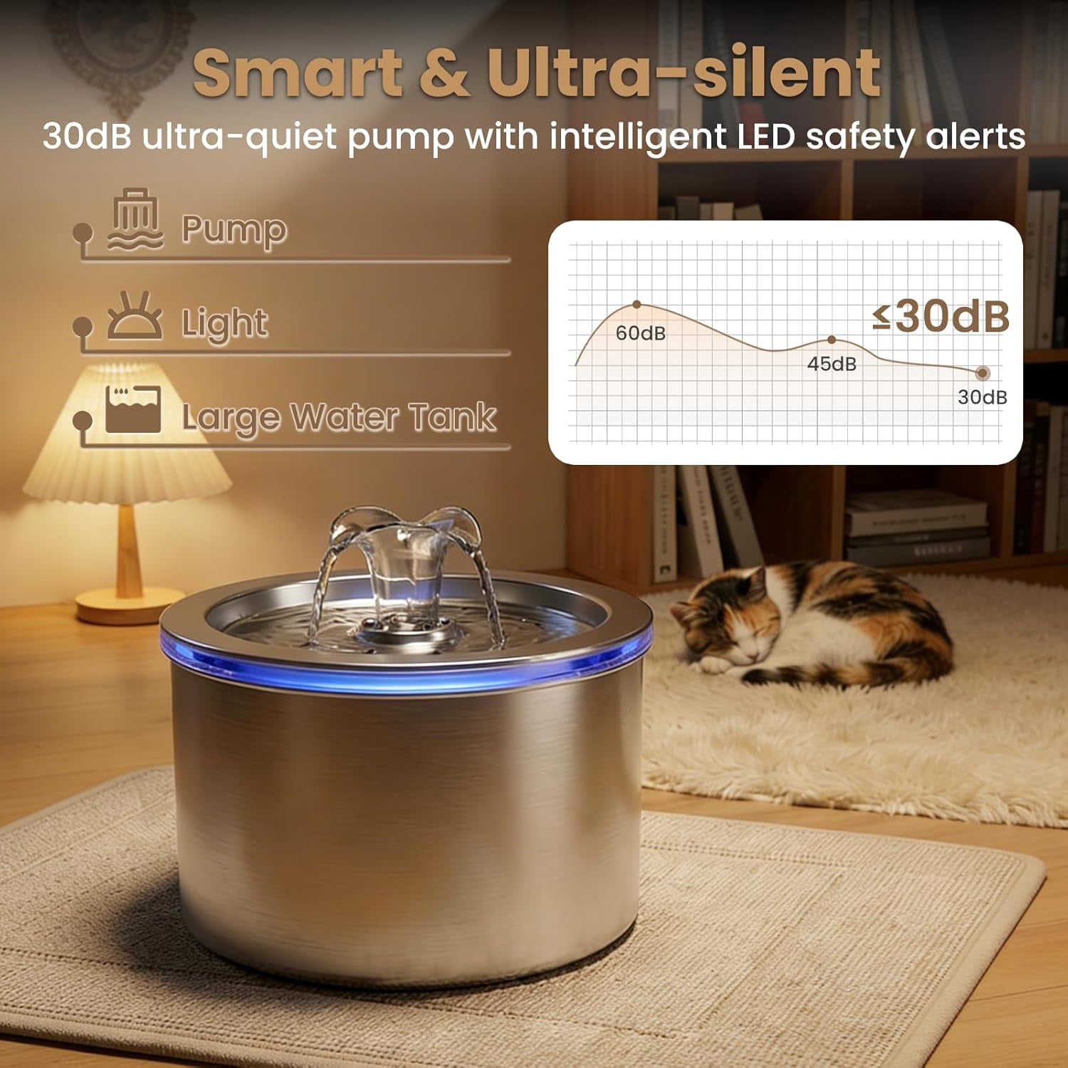 ABCISI Stainless Steel Cat Water Fountain, 74oz/2.2L Automatic Pet Fountain with Filters & USB Pump, Ultra Quiet Water Dispenser for Cats Indoor, LED Monitoring Water Level