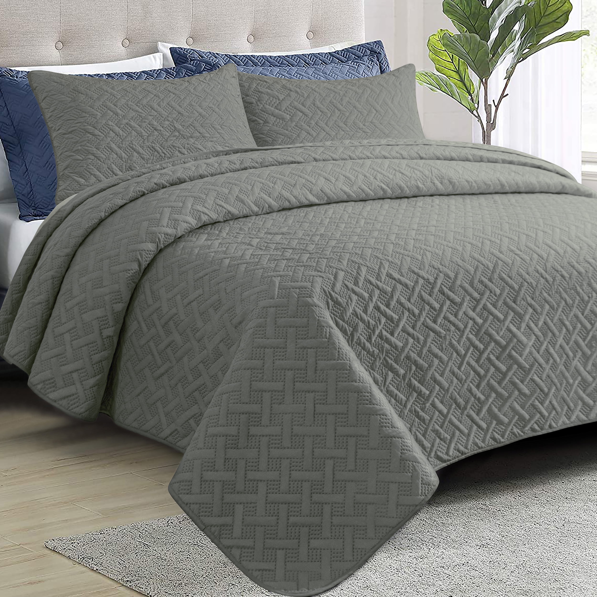 NT Bay King Quilt Set Dark Gray Bedspread, 3 Piece Microfiber Lightweight Bed Quilted Coverlet