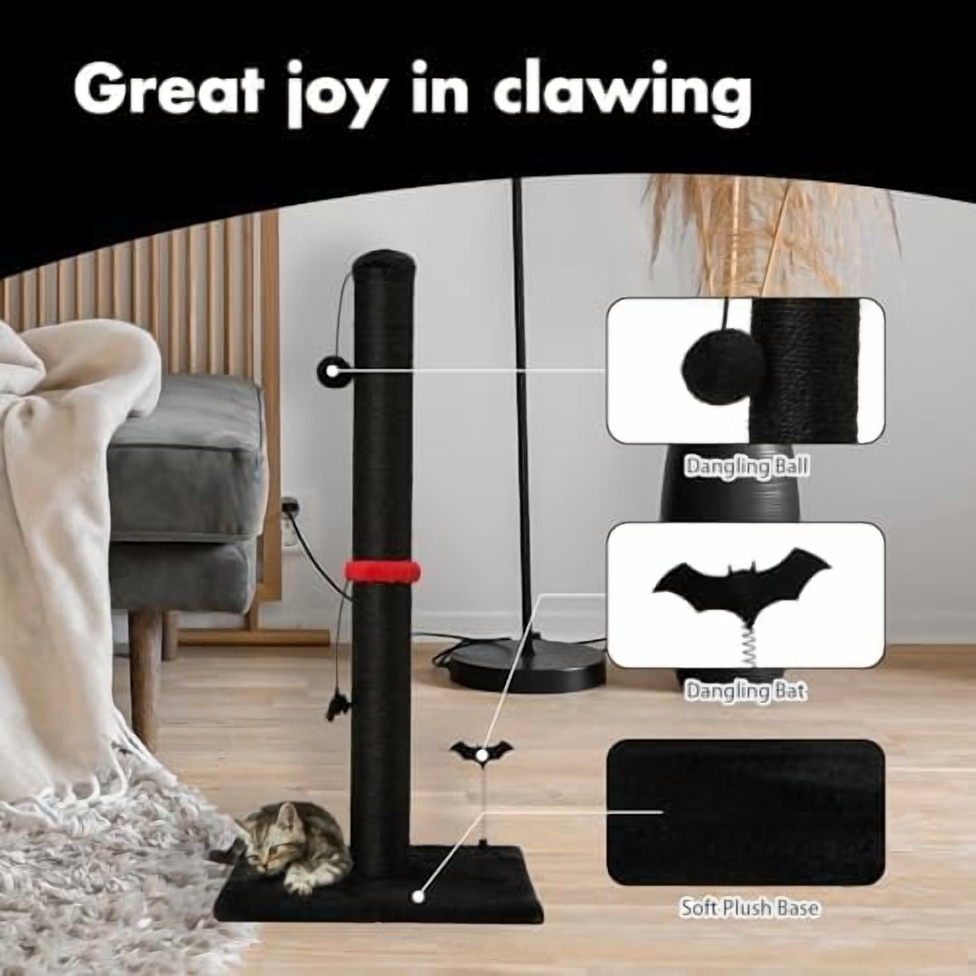 Cat Scratching Post Premium Sisal Scratch Posts with Hanging Ball Vertical Scratcher for Indoor Cats and Kittens,Black Black,34 inches for Adult Cats