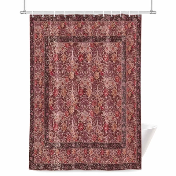 Bohemian Shower Curtain, 48" x 72", Dark Red Vintage Flowers Texture Traditional Ethnic Waterproof Bathroom Curtain Washable Shower Curtain Set with 12 Hooks
