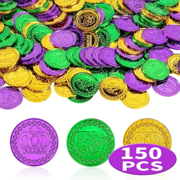 Mardi Gras Coins Mardi Gras Accessories Plastic Metallic Gold Green Purple Table Centerpiece Mardi Gras Accessories Pirate Treasure Hunt Party Favors 150PCS