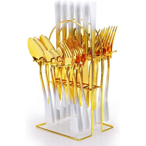 24 Pieces Flatware Set, Stainless Steel Cutlery Set with Silverware Holder, Modern Gold Silverware Set Includes Dinner Knives Forks Spoons,Hanging Silverware Set Service for 6 (White)