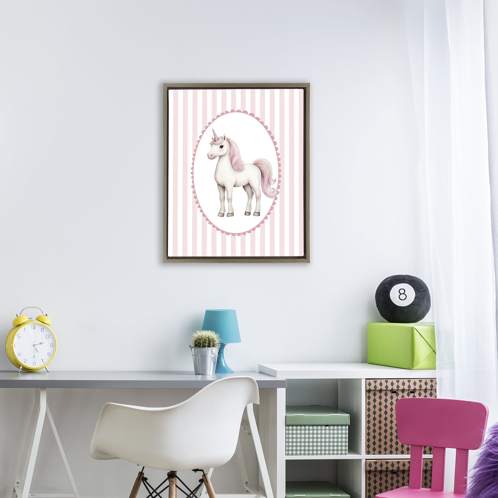 Gentle Unicorn on Pink Stripes Brown Framed Floater Canvas Wall Art, design by Christine Simpson Art