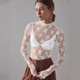 thumbnail image 3 of Women's Long Sleeve Mesh Top Mock Neck Sheer Blouse See Through Floral Lace Tops, 3 of 11
