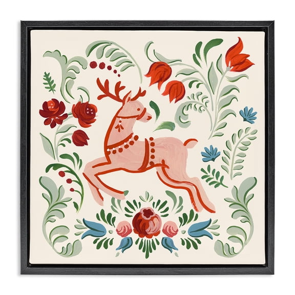 Stupell Industries Festive Floral Reindeer Holiday Painting Black Floater Framed Canvas Art Print Wall Art, 18 x 18