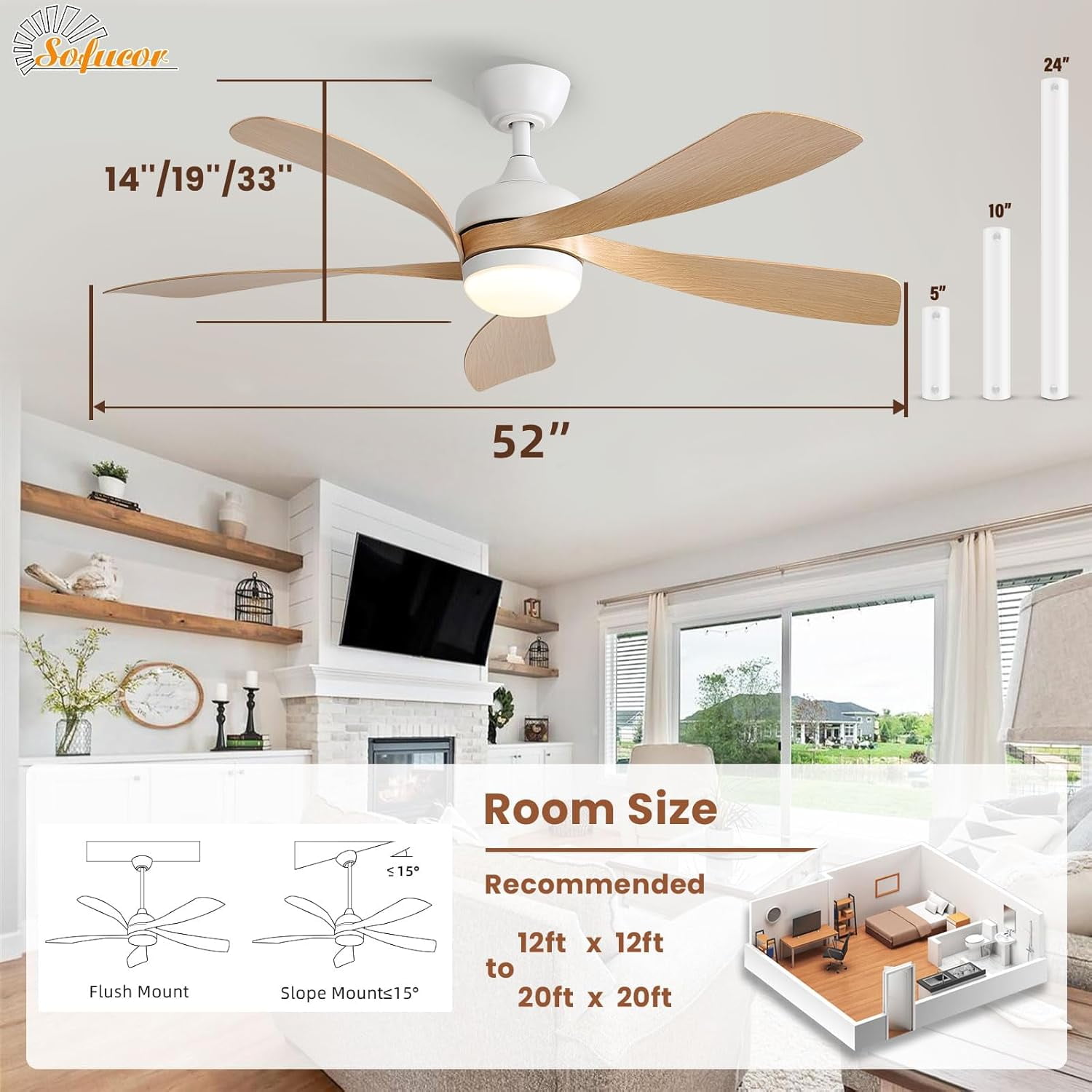 Sofucor 52" Smart Ceiling Fan, Indoor/Outdoor Ceiling Fans with Lights and Remote, Works with Alexa/Google/App, 3-Color Light 6-Speed Timing