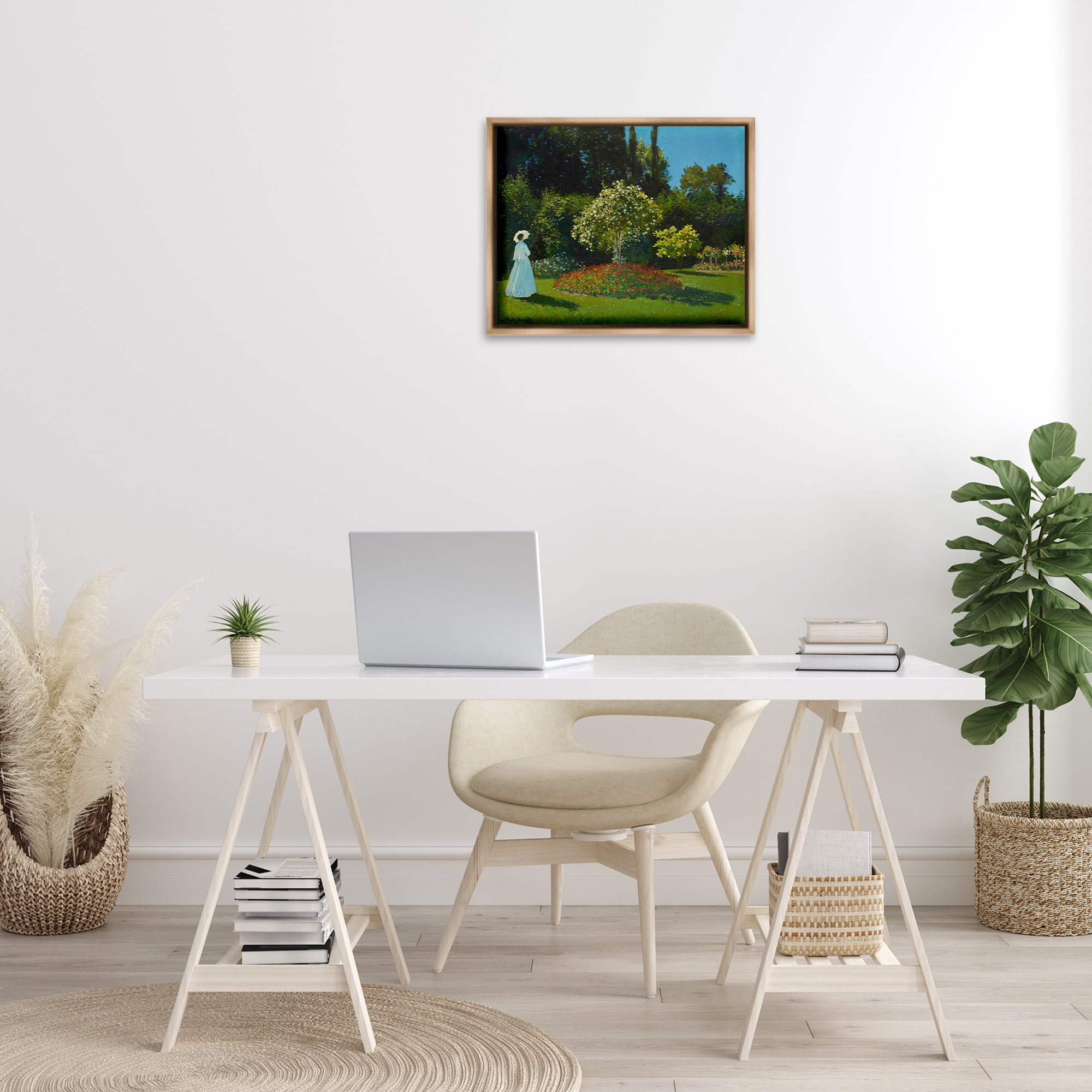 Stupell Industries Classic Monet Lady in Garden Landscape & Nature Painting Brown Floater Framed Canvas Art Print Wall Art, 21 x 17