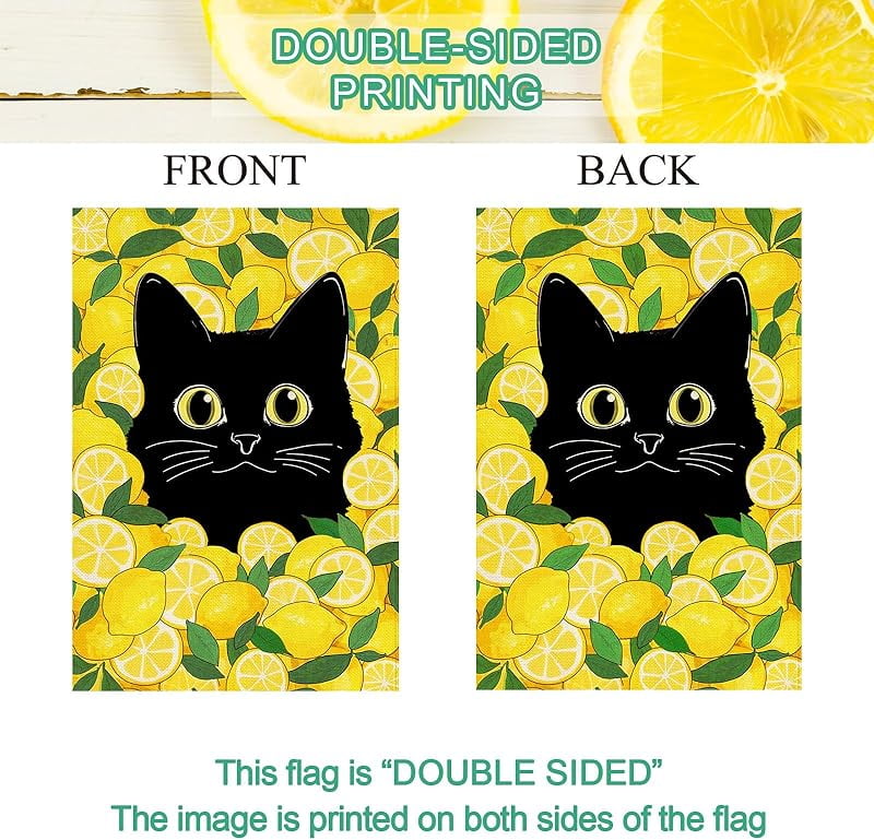 Summer Funny Black Cat Garden Flag Double Sided Summer Lemon Fruit Welcome Small Yard Flag Burlap Seasonal Farmhouse Outside Outdoor Decoration
