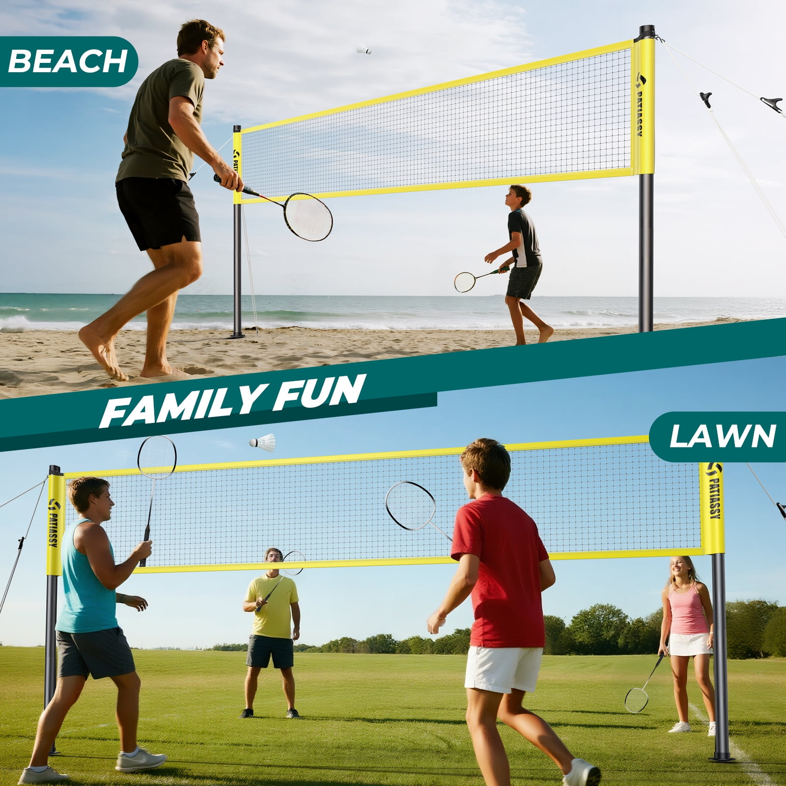 Patiassy Badminton Set with Grip Handle Portable Net 4 Rackets, Shuttlecocks, and Carrying Bag