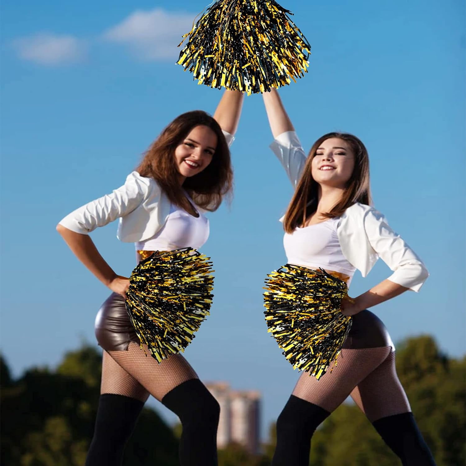 12 Pack Cheerleading Pom Poms with Baton Handle, Metallic Foil Pom Poms Hand Flowers Cheerleader Pompoms for Sports Cheers Ball Dance Fancy Dress Night Party (Black/Gold)