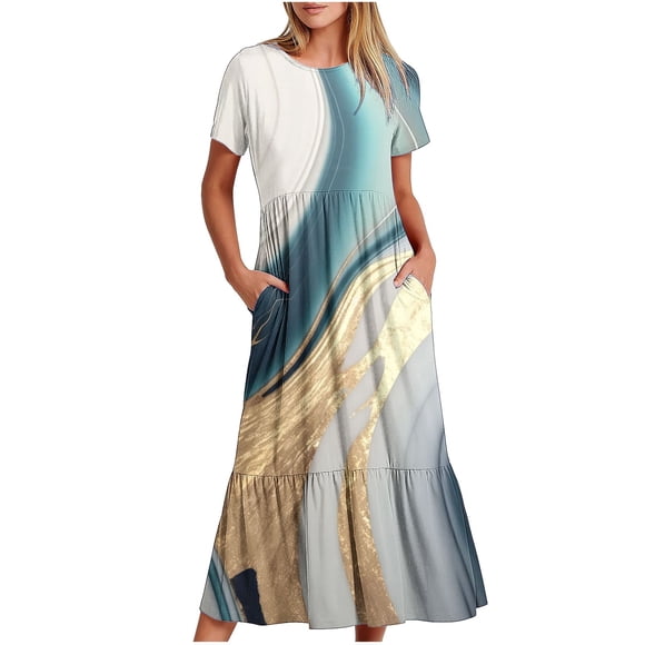 Pisexur Women's Summer Beach Dresses Casual Floral Short Sleeve Boho Floral Maxi Dress Crew Neck Smocked Tiered Flowy Long Dresses