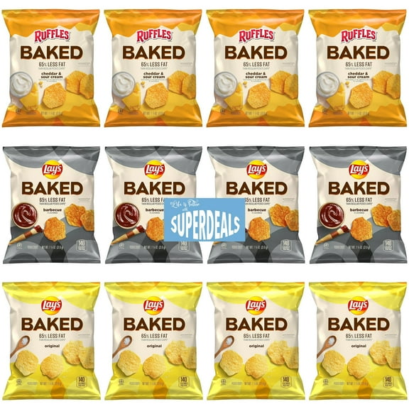 Baked Variety Pack 4 Ruffles Cheddar & Sour Cream Crisps, 4 Lay's Barbecue Potato Crisps, 4 Lay's Original Potato Crisps, 1.125 Ounce (Pack of 12) Value Pack Bundled by SUPERDEALS with Mystery Gift