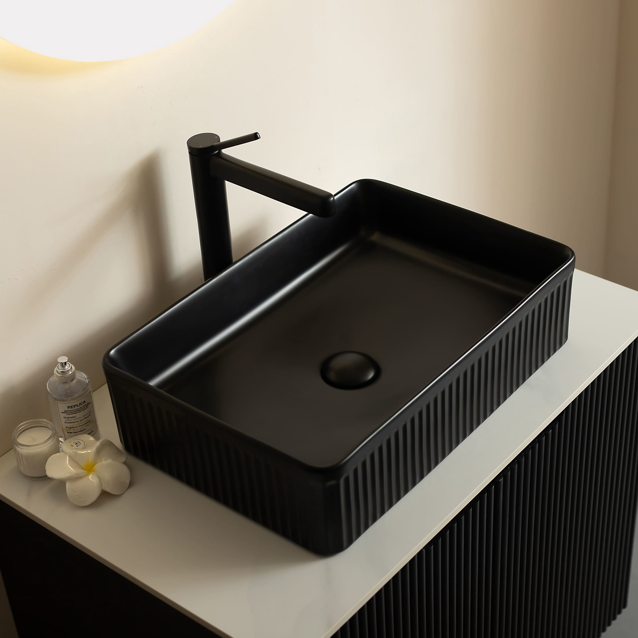 Noble House TURIO 30" Bathroom Vanity with Sintered Stone Countertop, Storage Cabinet, Black Rectangle Basin, Black