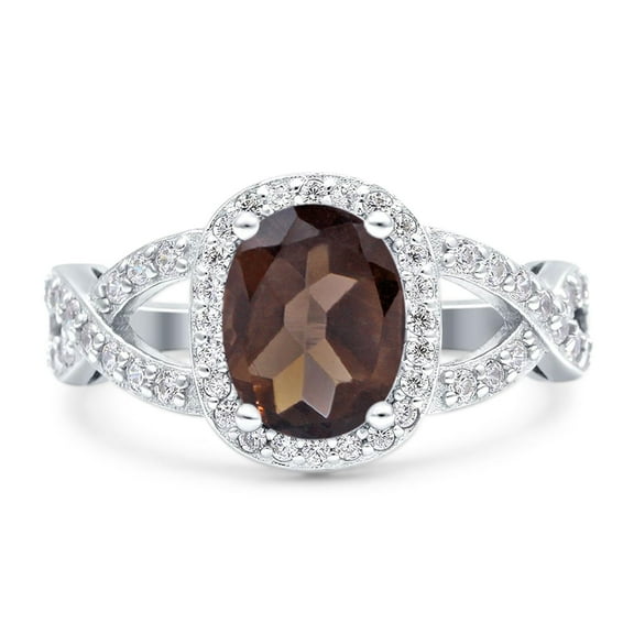 Natural Chocolate Smoky Quartz Size-5 Oval Vintage Rings Infinity Twisted Shank Halo CZ Wedding Engagement Ring For Women 925 Sterling Silver Gifts For Her