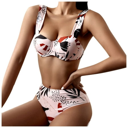 

VKEKIEO Two-Piece Sets Swimsuit Sport Bra Style Back-Smoothing Pink M