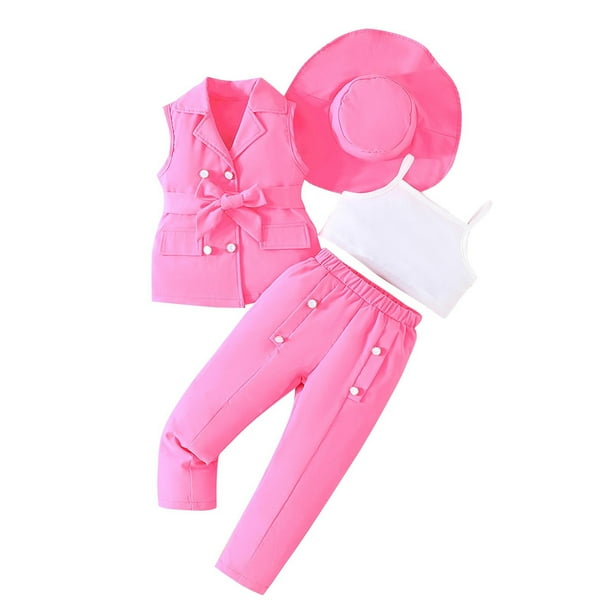 Odeerbi 3-9 Años Niñas Trajes de Verano Camisola de Algodón Tops Vestido Pantalones Blazer Chaqueta Sin Mangas Sombrero Conjunto de Cuatro Piezas