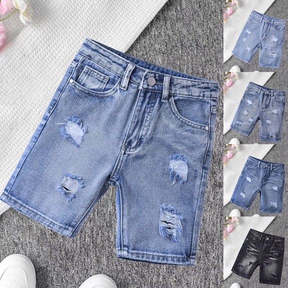 Eltusu Boys Denim Shorts, Elastic Waist Ripped Summer Casual Jean Shorts Dark Blue Size 6-13T