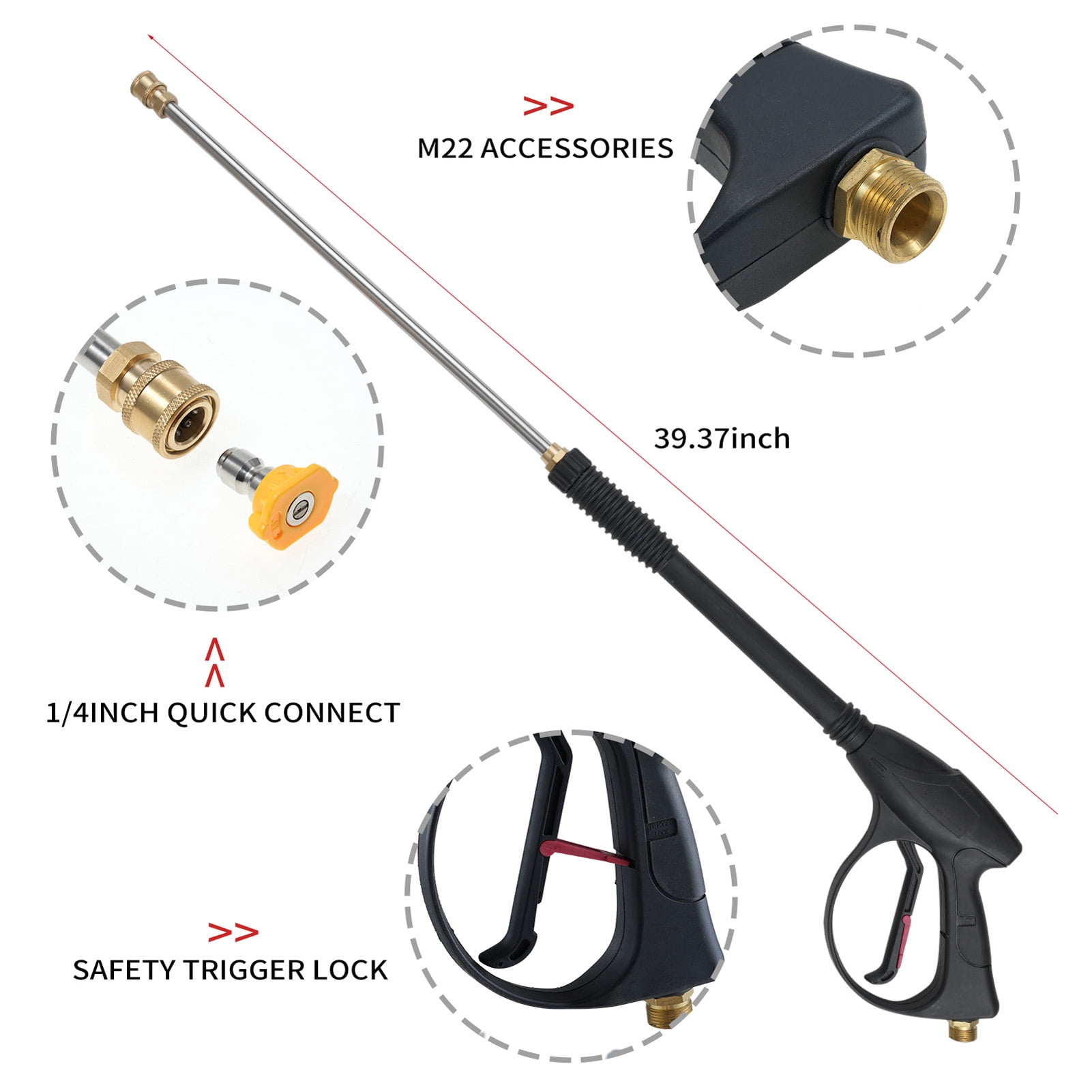 Rupoun Black Pressure Washer Gun Set Maximum 40MPa 5800PSI with 26 Inch / 66.0 cm Extension Wand, M22 Hose Kits, 1/4 Inch Quick Connect, and 5 Color Nozzle Tips for Car Washing and Cleaning