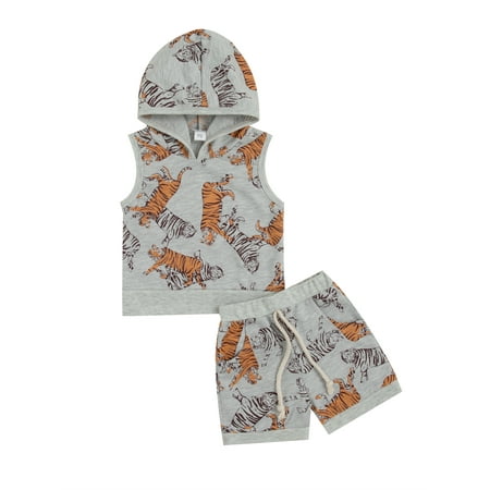 

Nokpsedcb Infants Baby Boys Clothes Suits Tiger Printed Sleeveless Hooded Tank Tops + Elastic Waist Shorts Outfits Grey 6-12 Months