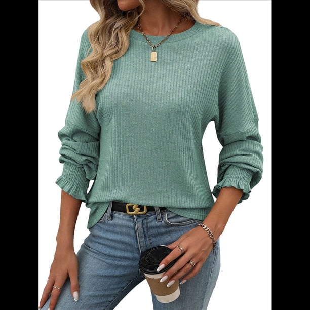 Camiseta Holgada Informal de Cuello Redondo y Larga Acanalada para Mujer, Ideal para y Otoño Lago Verde XXL