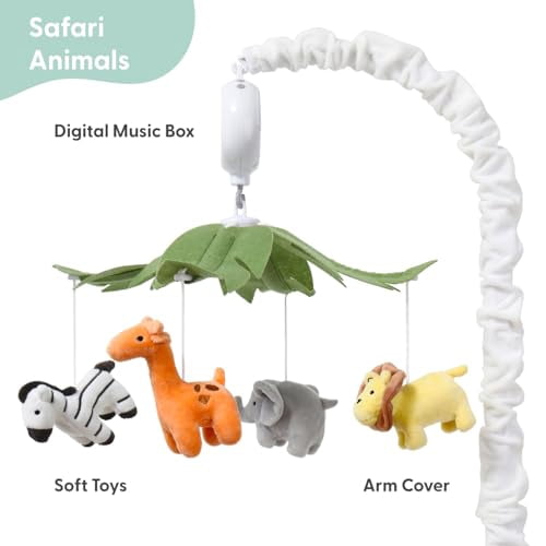 HYPERLIVING The Peanutshell Crib Mobile for Boys or Girls - White Musical Baby Crib Mobile with 12 Lullabies, Jungle Animal, Baby Safari Animals Nursery Decor