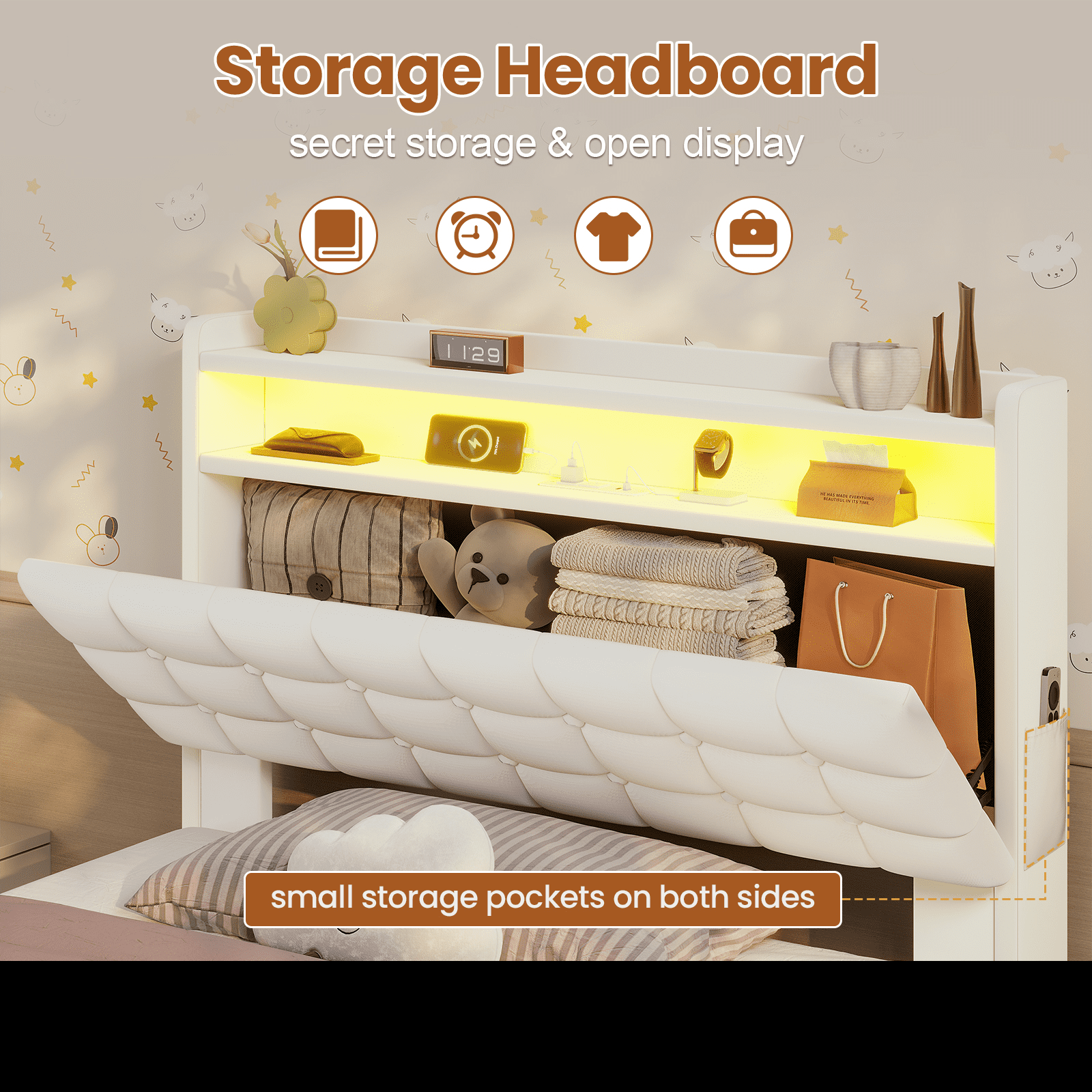Amuzer Twin Size Bed Frame with Lift Up Storage, Power Outlet,LED Lights Storage Headboard,Twin Velvet Upholstered Bed, No Box Spring Needed,Creamy White