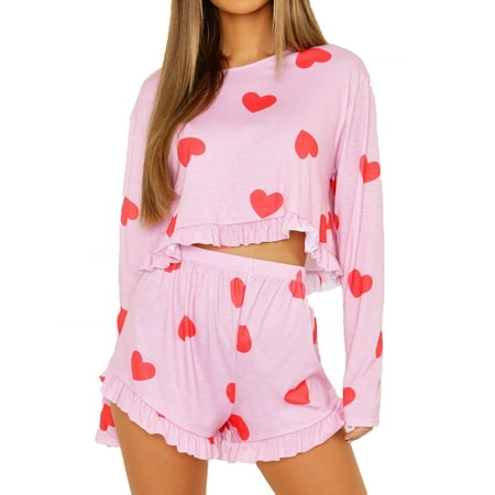 

Xingqing Women Printed Ruffle Pajamas Sets T-Shirt and Elastic Short Pants