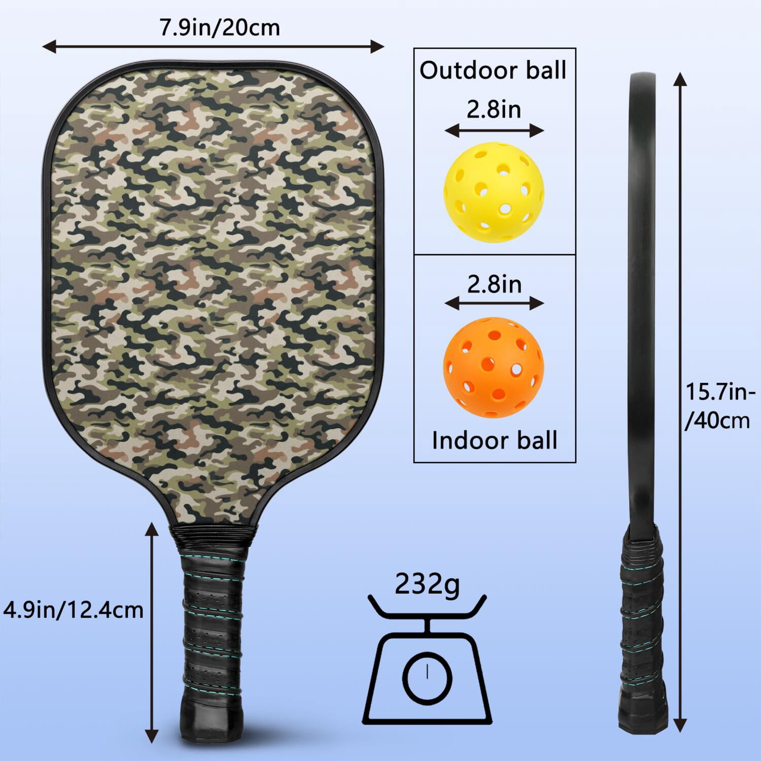 Pickleball Paddles Set Of 2, Fiberglass Surface, Camouflage Print, 4 Balls & Bag