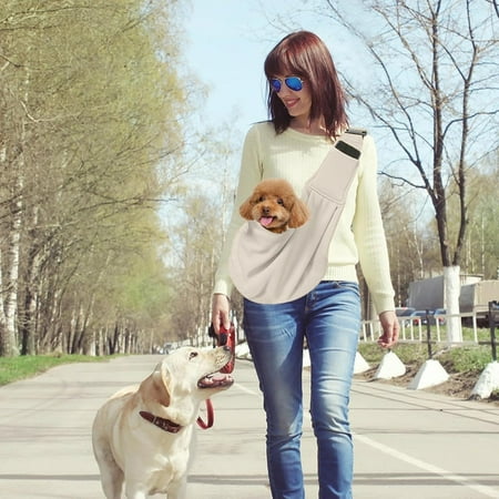 LINGJIA Small Pet Sling Carrier-Hands Free Reversible Pet Papoose Bag Tote Bag with a Pocket Safety Belt Dog Cat for Outdoor Travel for Outdoor Off White