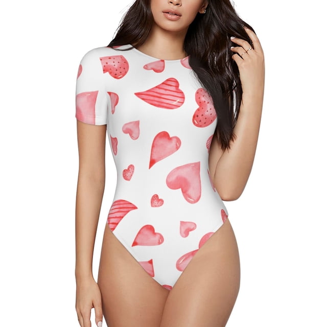 Balery Pink Hearts Body de cuello redondo de manga corta para mujer Tops de manga corta Tops básicos-XX-Large