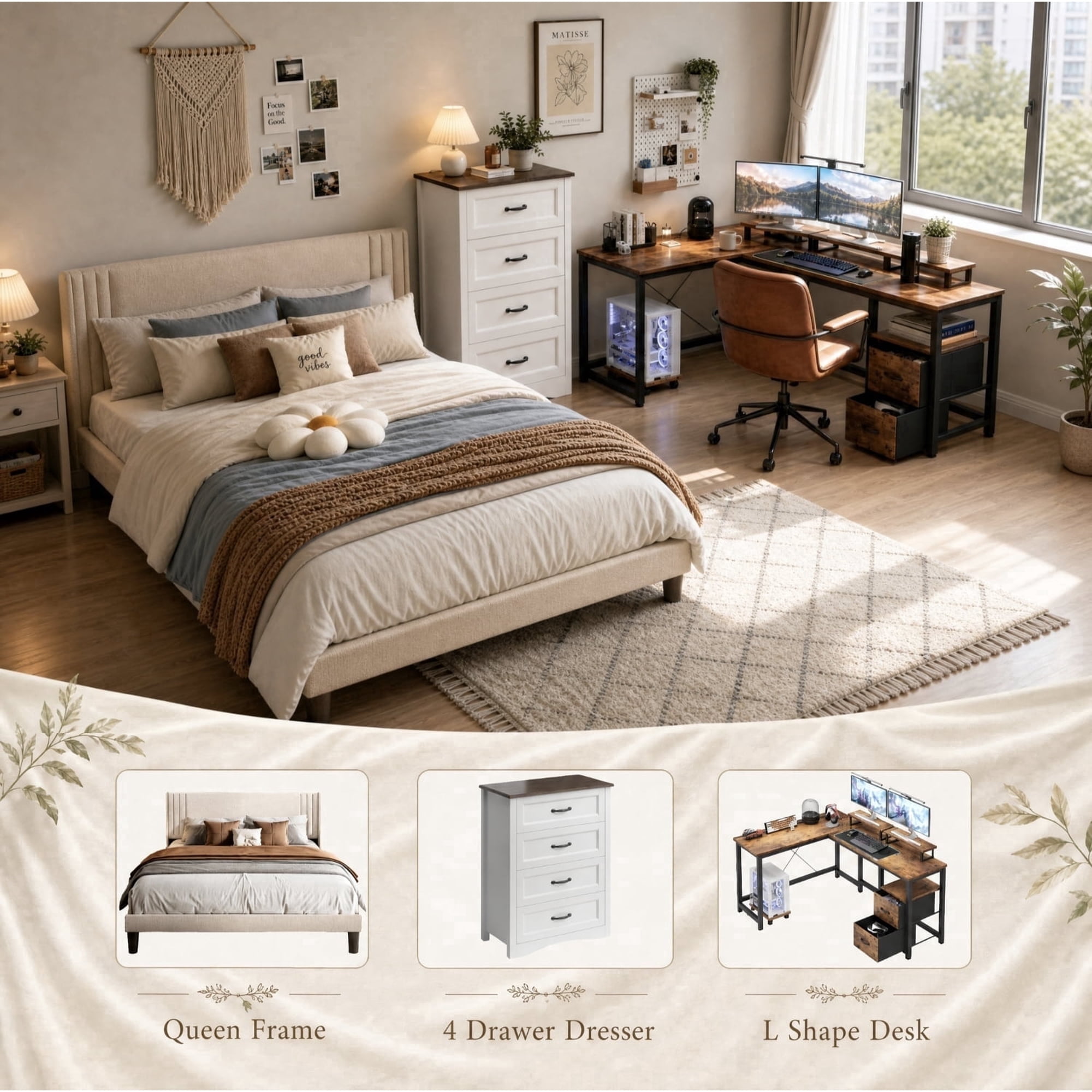 3-Piece Bedroom Furniture Set, Queen Bed Frame, 4 Drawer Storage Dresser & Reversible L Shaped Desk with USB Charging Ports, Bedroom Combo for Small Apartment Off-Campus Student