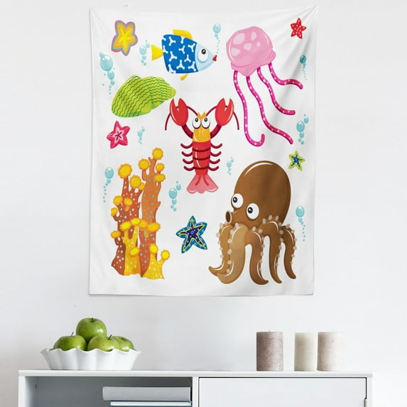 Cartoon Tapestry, Under the Sea Wildlife Theme Funny Creatures in Cartoon Style Fun Ocean Aquarium, Fabric Wall Hanging Decor for Bedroom Living Room Dorm, 5 Sizes, Multicolor, by Ambesonne
