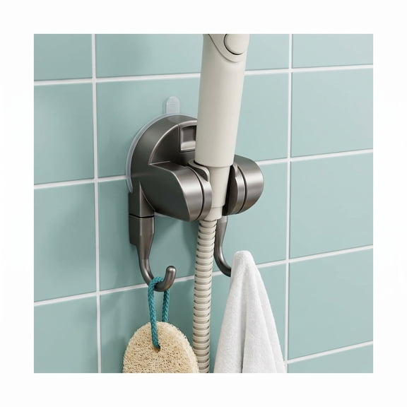 Suction Cup Shower Head Holder with Adjustable Clip and Hooks, No-Drill Bathroom Organizer for Showerheads, Brushes, Loofahs, Towels, Gray, 3.7in2.3in2.1in