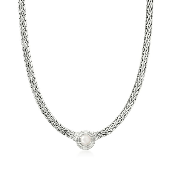 Ross-Simons 8mm Cultured Pearl Flat Wheat-Chain Necklace in Sterling Silver, Women's, Adult