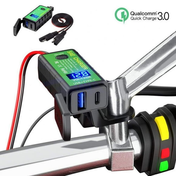 Motorcycle USB Charger SAE to USB Adapter 36W Dual USB Type C PD & Quick Charge 3.0 with Voltmeter & ON/Off Switch for Smart Phone Tablet GPS