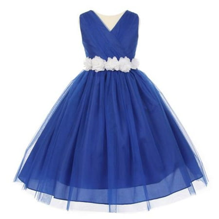Big Girls Royal Blue White Chiffon Flowers Tulle Junior Bridesmaid