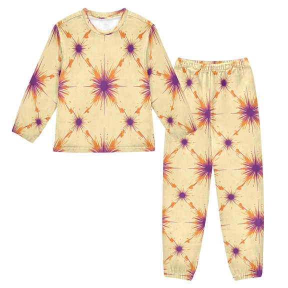 Fluffy Pajamas Set Fuzzy Winter Warm Pj Sets Pullover Tops and Long Pants Orange and Purple Fireworks Pattern X-Small