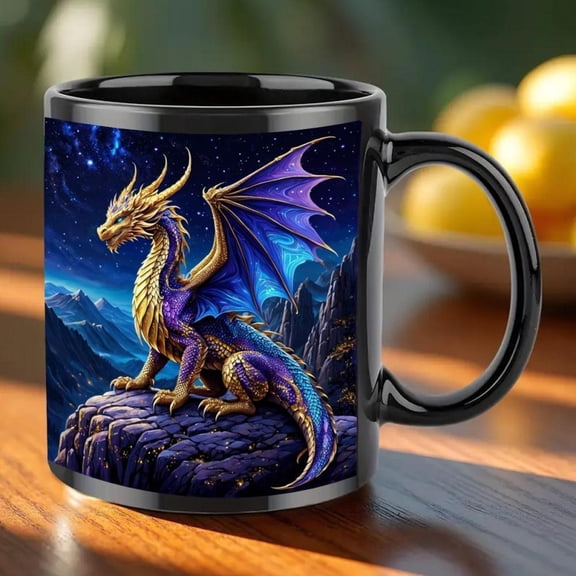 1pc Fantasy Design Black Mug 11oz Durable Ceramic Cup with Vibrant Purple Blue Artwork Hot Cold Drinks Juice Milk Coffee Bar and Kitchen Themed Gifts