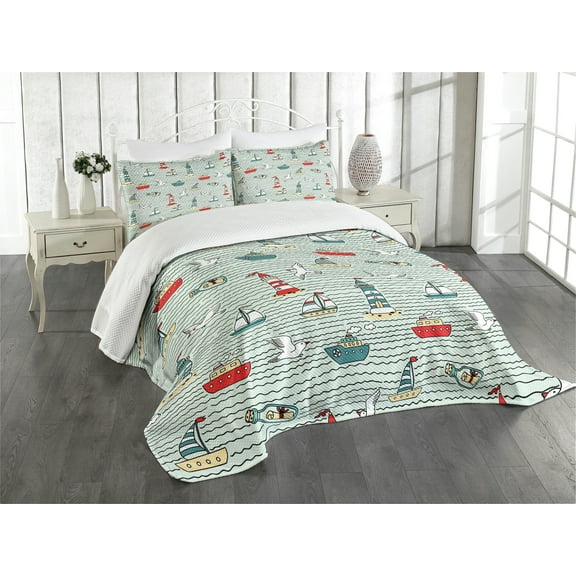 Ambesonne Lighthouse Quilted Bedspread Set 3 Pcs, Message Bottle Gulls, King Size, Multicolor